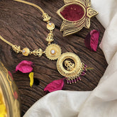 Vriksham Lakshmi White Round Pendant Short Neckpiece-Red Beads-G18891